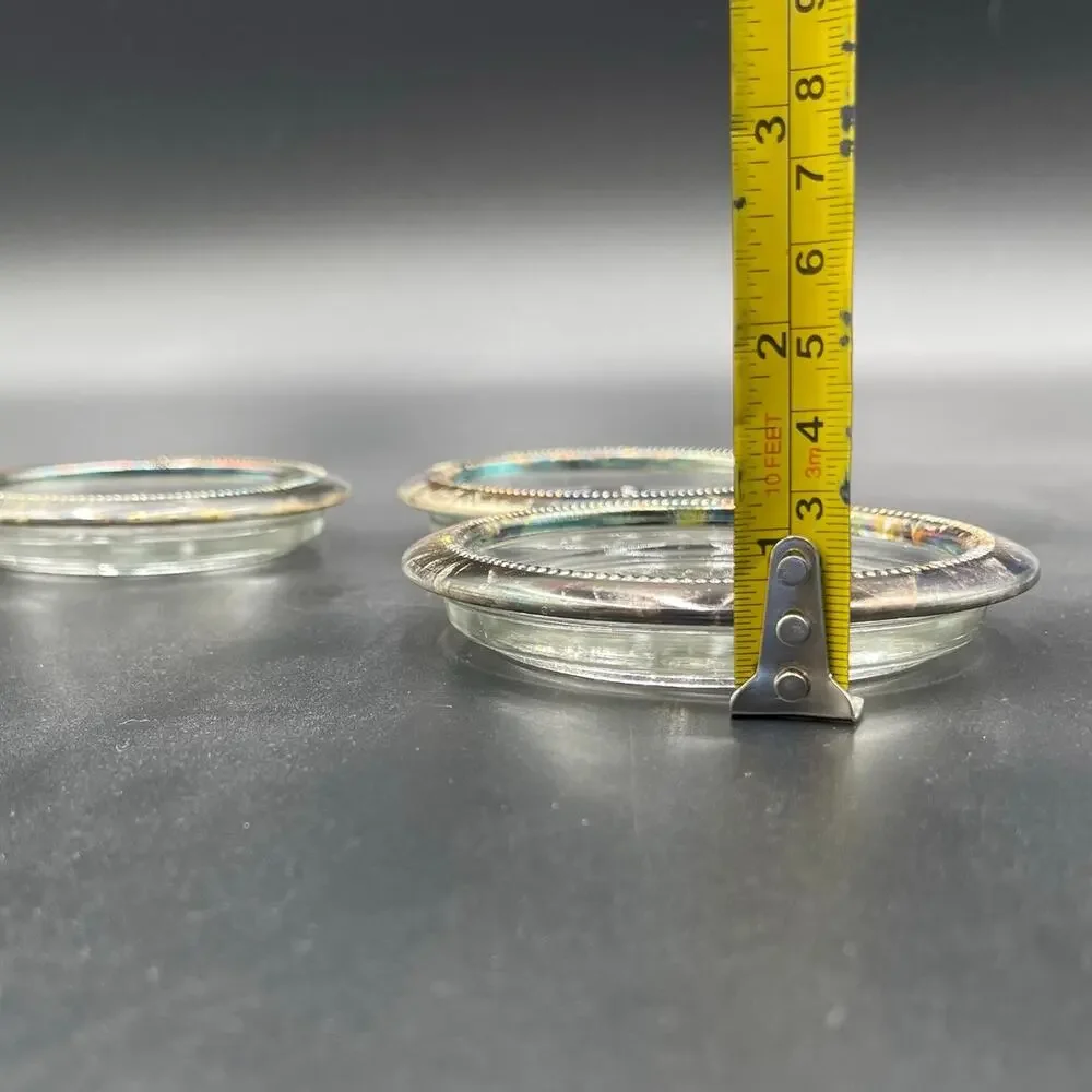 Vintage Leonard Silverplate Coasters Italy Glass Insert Starburst Set of 3